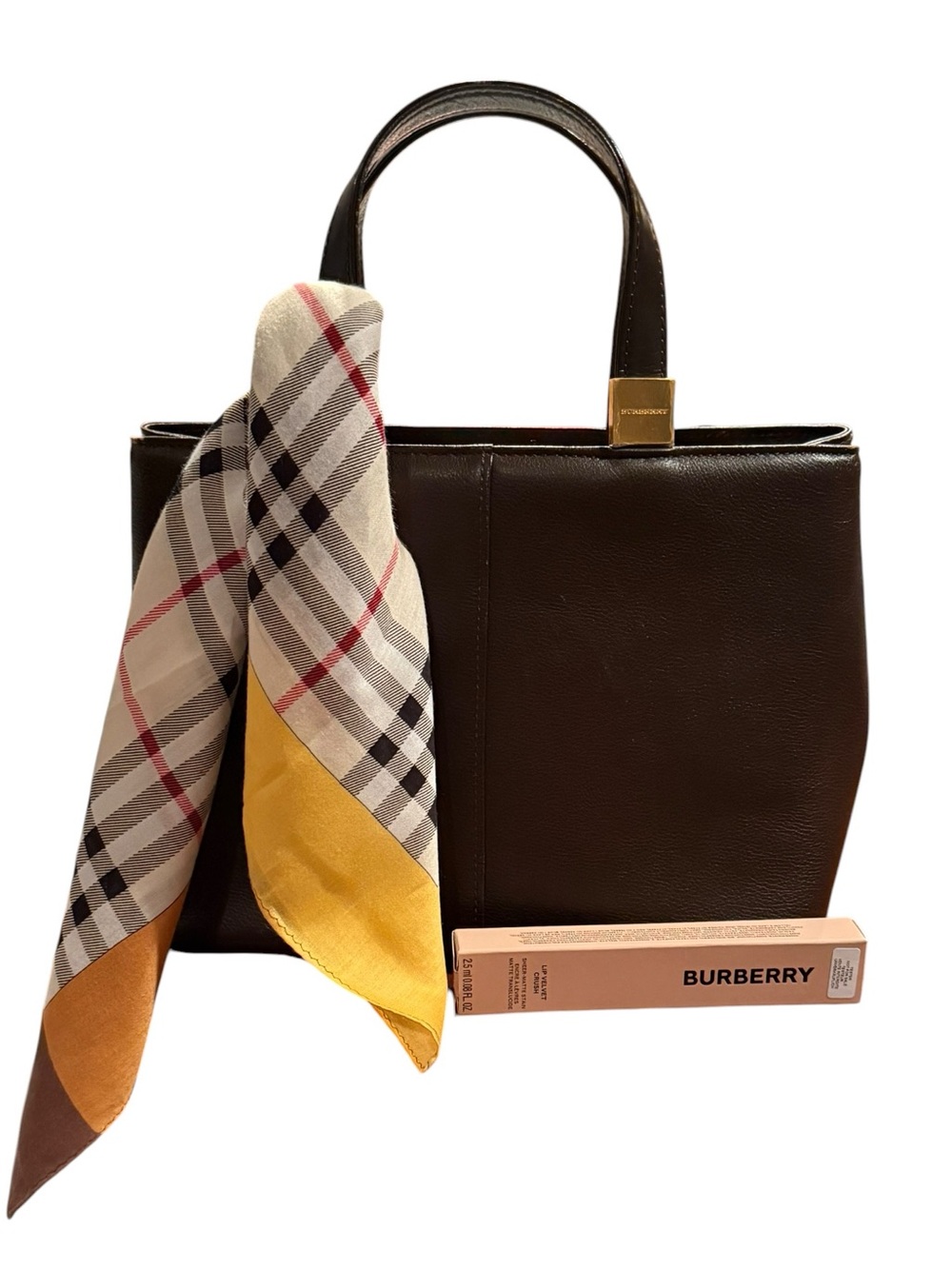 Burberry Brown Leather Tote Bag with Burberry Ornament, Perfume and Scarf